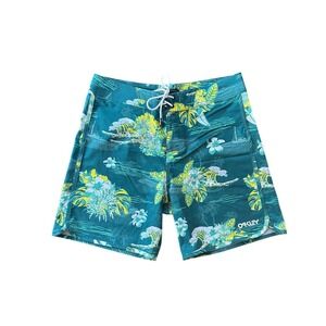 Oakley Mens Performance Fit Board Shorts Teal Tropical Floral Wave Print Size 32